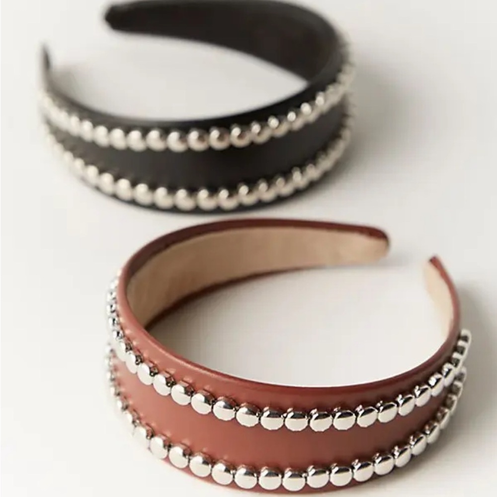 NWT free People Showstopper Hard Headband Black Leather with Studs